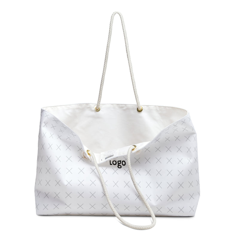 Customizable white weekender tote bag partially opened with "your image or design" placeholder on a white background.