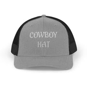 Gray and black trucker hat with 'Cowboy Hat' text on a white background.