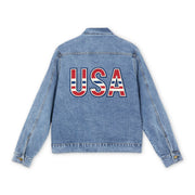 Blue denim jacket with 'USA' text on the back against a white background
