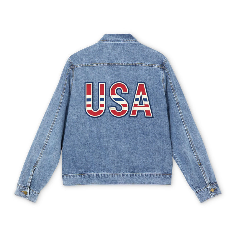 Blue denim jacket with 'USA' text on the back against a white background