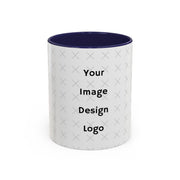 Customizable white mug with navy  interior and "your image or design" placeholder on a white background.