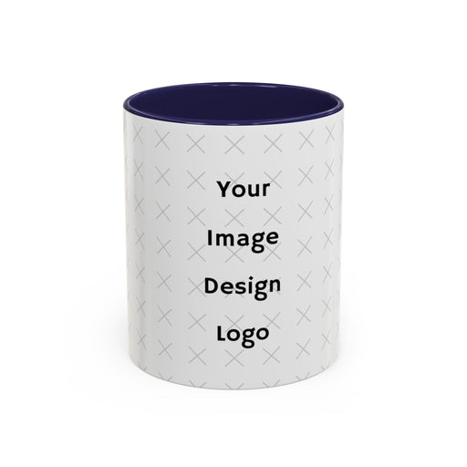 Customizable white mug with navy  interior and "your image or design" placeholder on a white background.