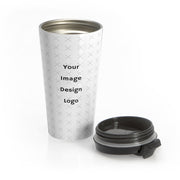 Customizable stainless steel travel mug with top off with "your image or design" placeholder on a white background.