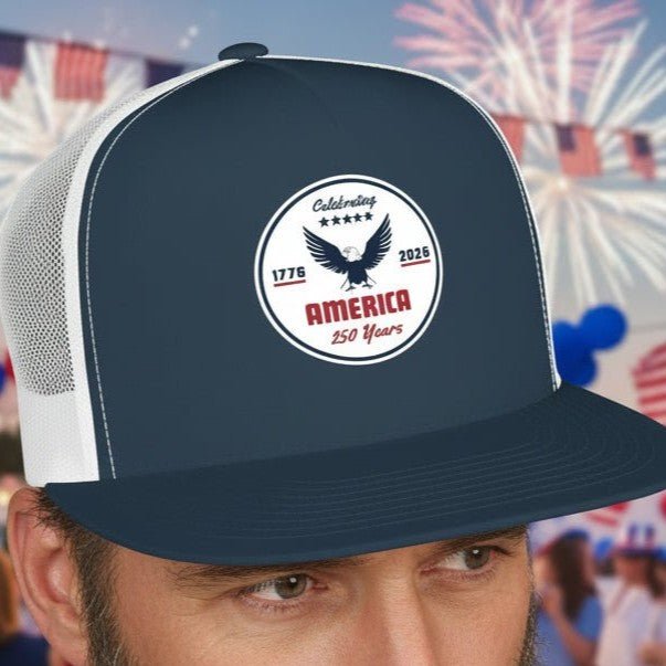 "Celebrating America 250 Years" Flat Bill Trucker Hat Cap - Hats | The Party Framework