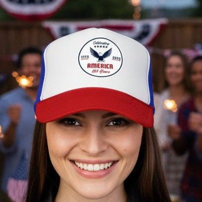 "Celebrating America 250 Years" Foam Trucker Hat Cap - Hats | The Party Framework